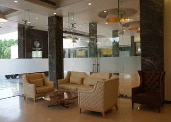 Lobby entrance and reception area at Chattarpur Farms
