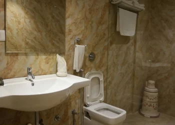 Attached bathroom in a deluxe room at Chattarpur Farms in Nagpur