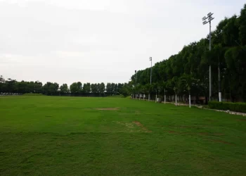 Large outdoor wedding lawn at Chattarpur Farms in Nagpur