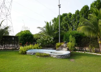 Landscaped Tulip Lawn garden area at Chattarpur Farms in Nagpur