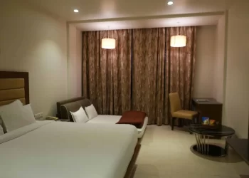 Deluxe room interior with seating area at Chattarpur Farms in Nagpur