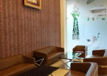 Reception lobby interior at Chattarpur Farms in Nagpur