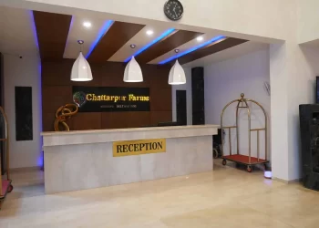 Reception desk at Chattarpur Farms wedding venue in Nagpur