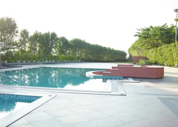 Poolside area at Lotus Lagoon at Chattarpur Farms in Nagpur