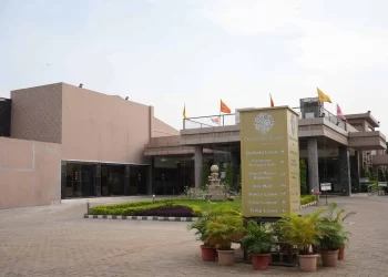 Entrance area of an event facility at Chattarpur Farms in Nagpu